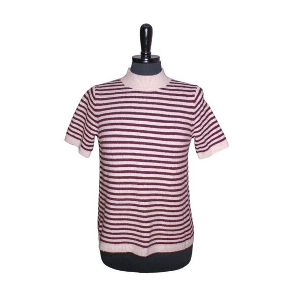 LOFT Petites Striped Short Sleeve Sweater High Collar Cream Brown SP - Picture 1 of 5